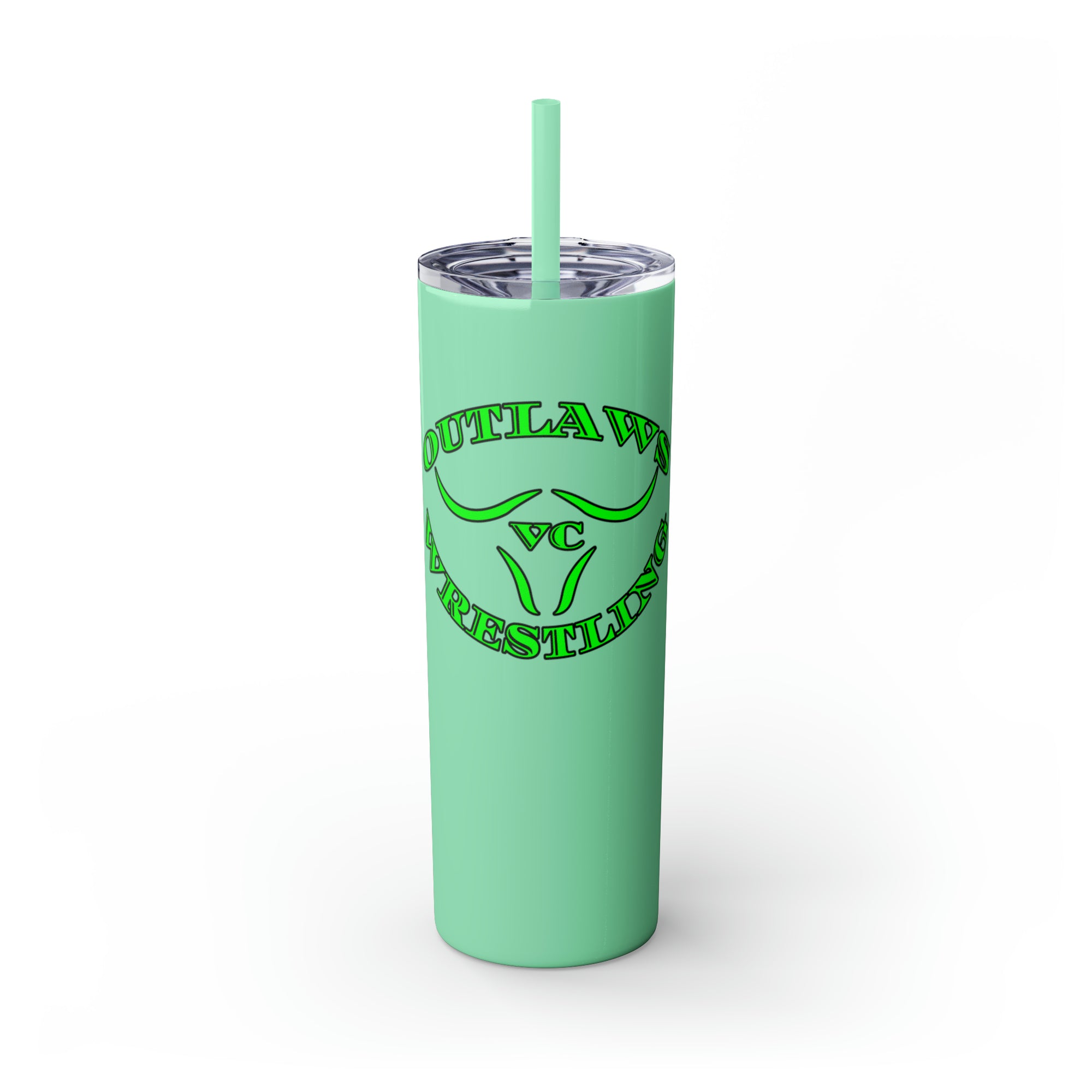 Green Outlaws Wrestling Skinny Tumbler with Straw, 20oz