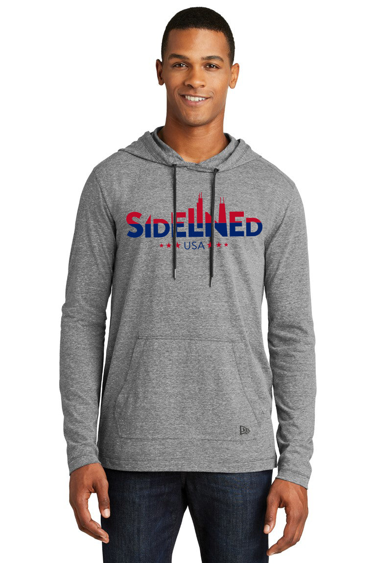Sidelined New Era® Tri-Blend Performance Red/Blue Logo Pullover Hoodie Tee